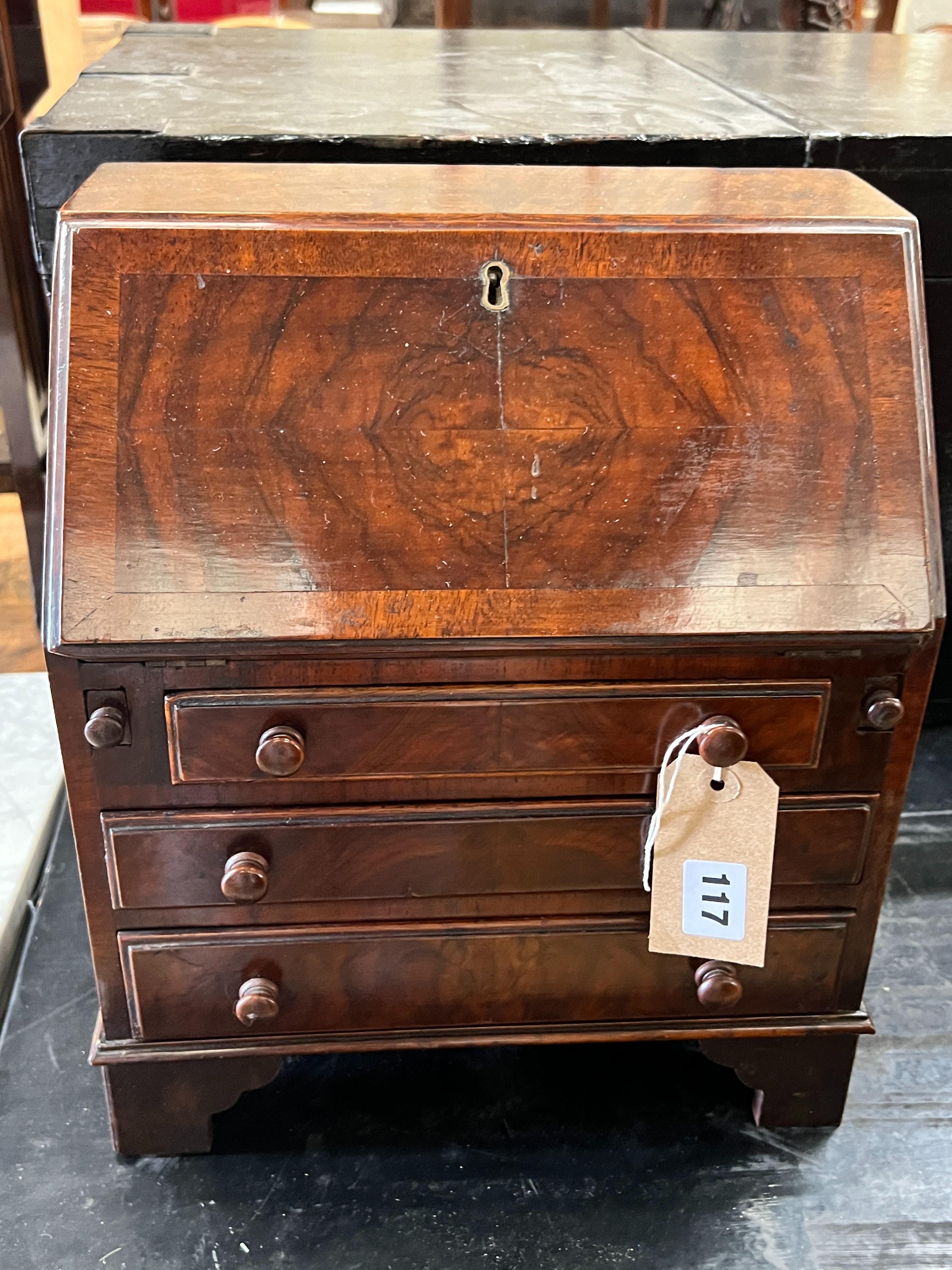 A miniature George III style banded mahogany bureau, width 31cm, depth 19cm, height 36cm